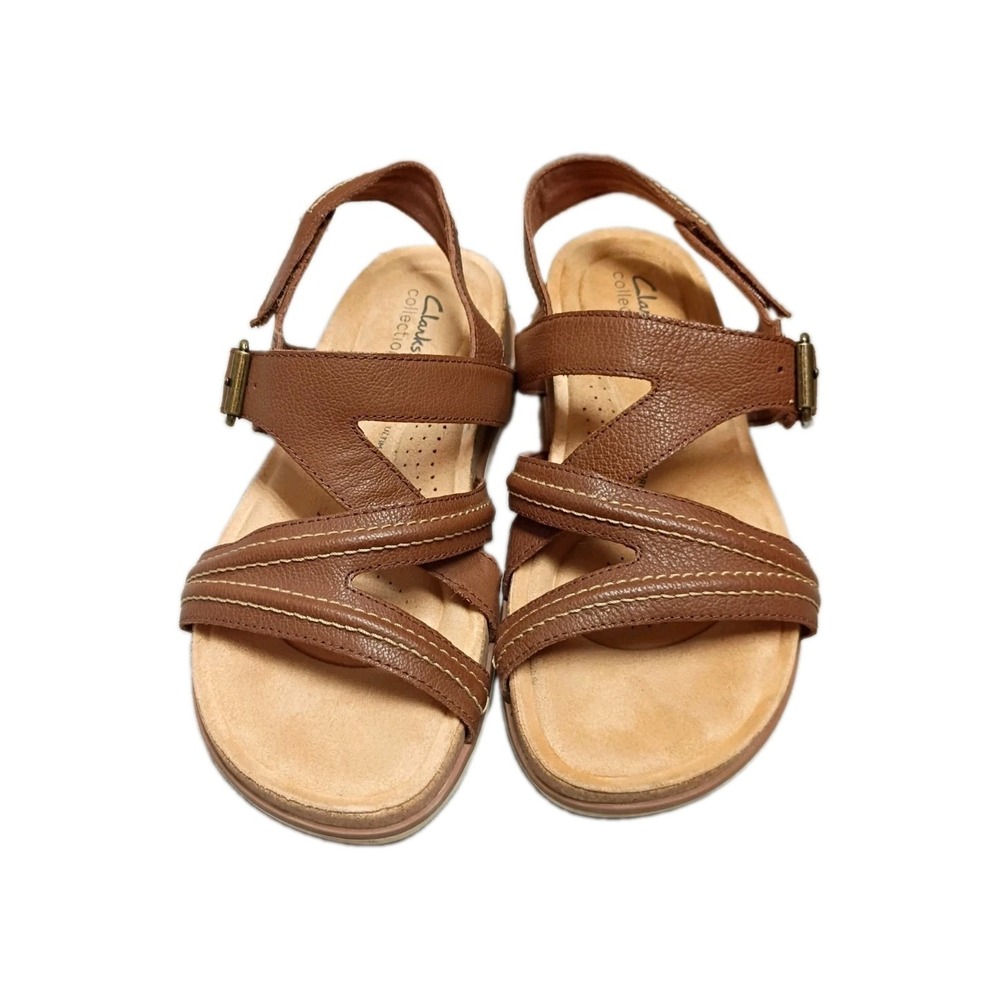 Clarks Collection A475379NM0250 Brown Leather Sandals Womens 7.5W Wide Strappy